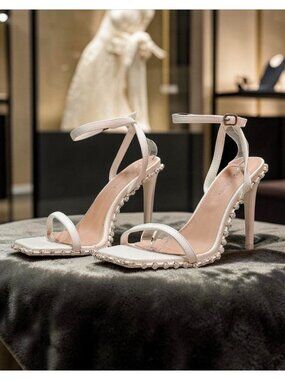 Rhinestone Embellished White High Heel Sandals With Ankle Strap & Square Toe Des